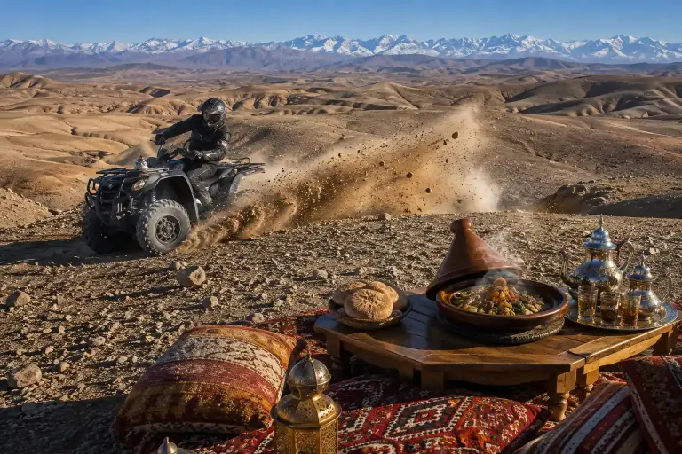 ATV quad tour through rocky Agafay terrain with lunch setup