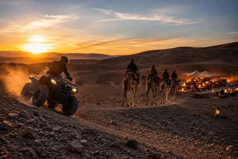 Quad biking and camel riding at sunset in Agafay Desert with dinner setup